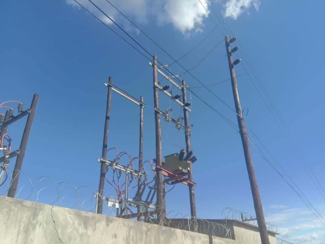 Substation steelwork and terminations seen from below