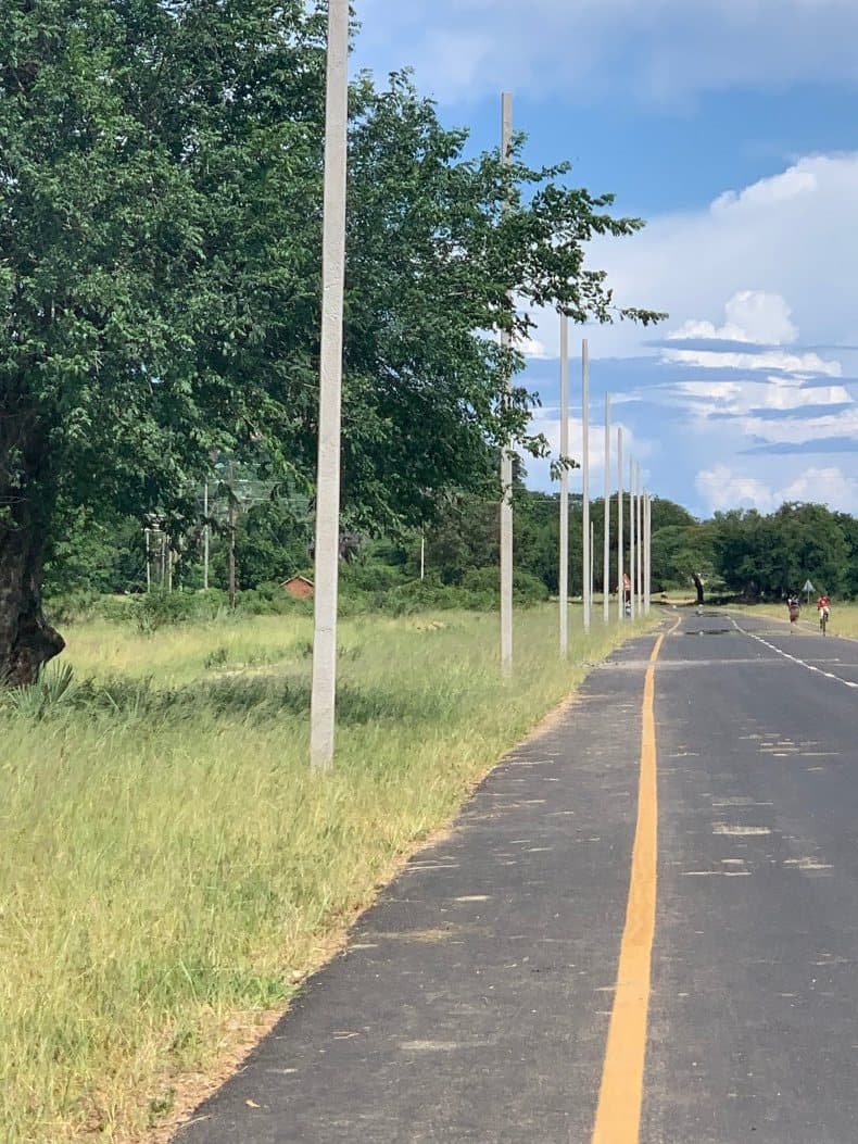 Newly installed poles running along a grass verge beside a road